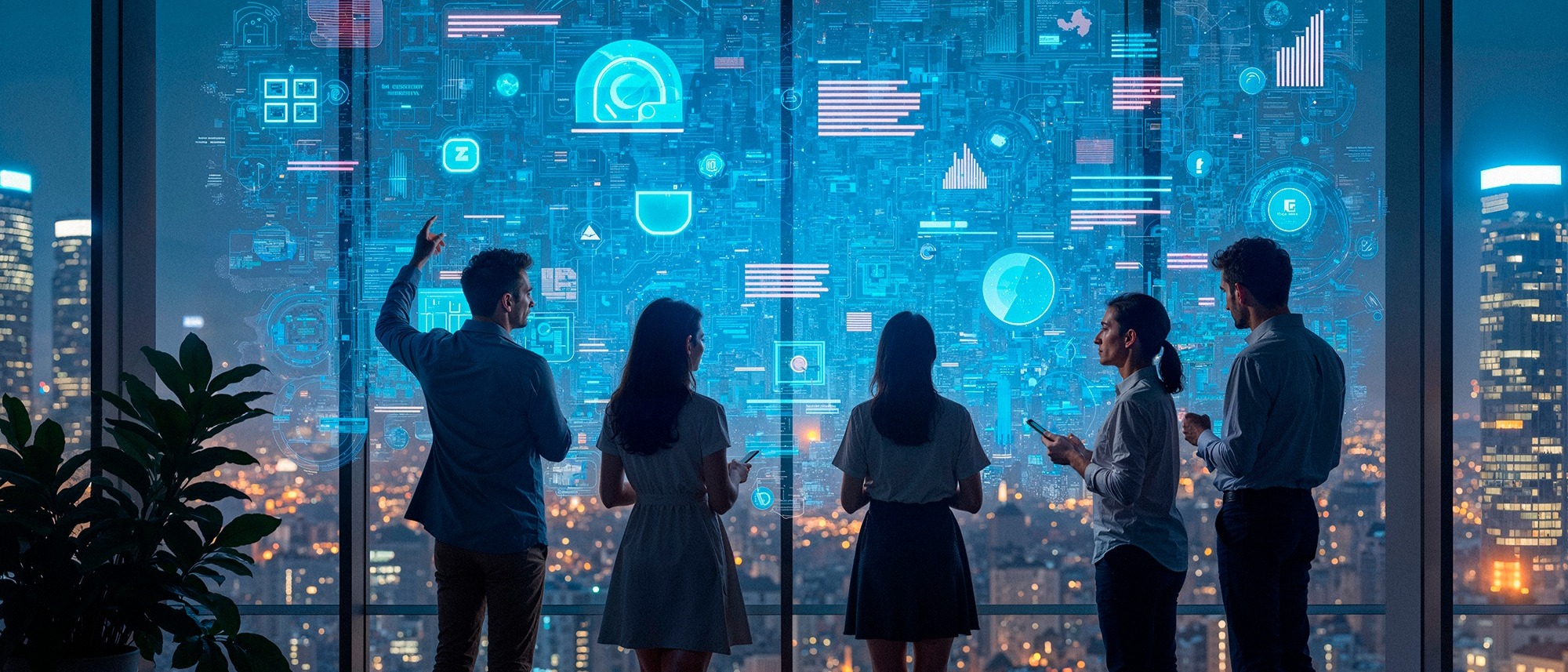 People in office view digital cybersecurity icons projected over city skyline at night.